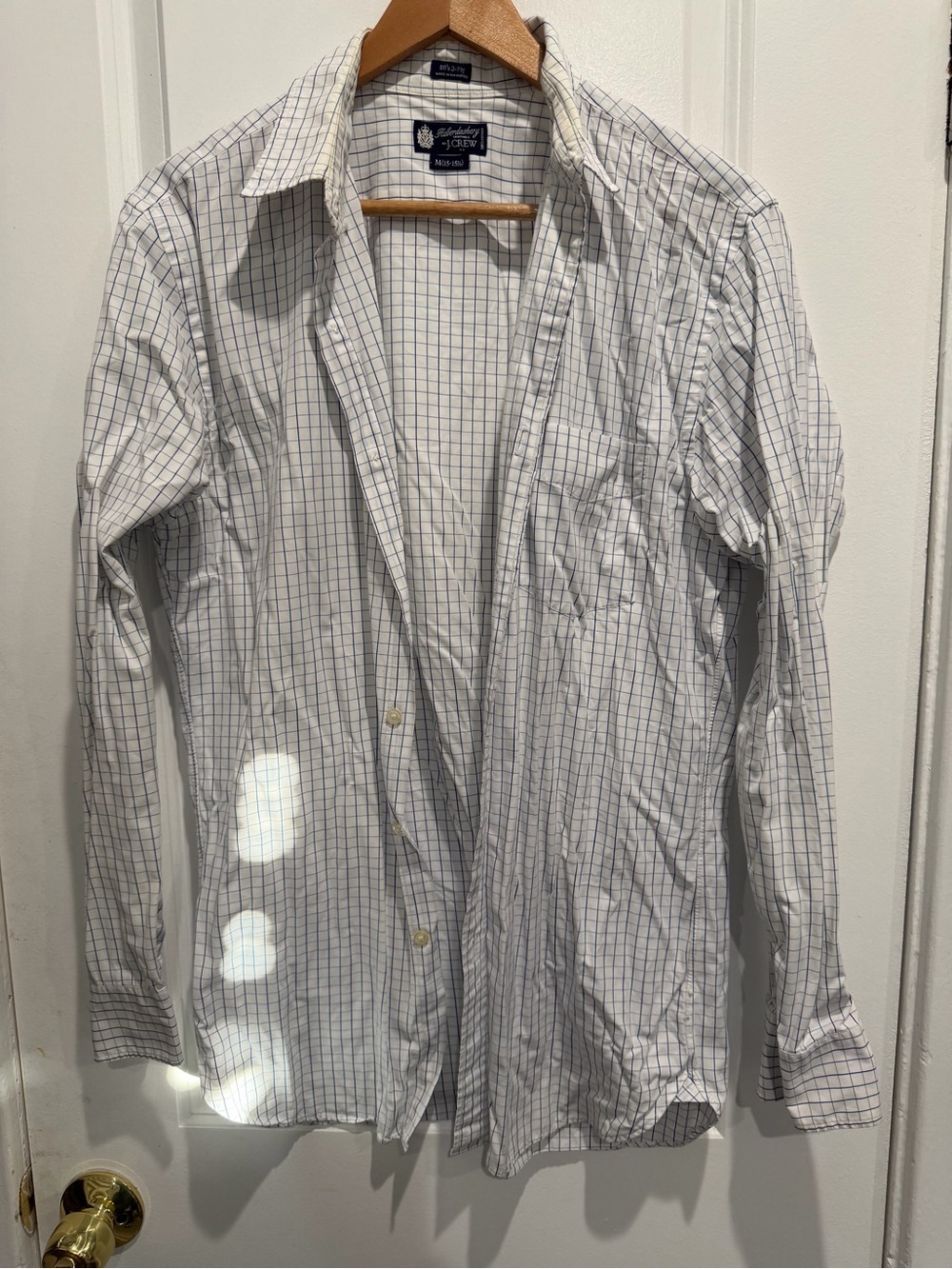 J. Crew Men's White Button-Down Shirt with Blue Windowpane